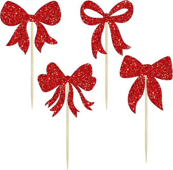 Gyufise 36Pcs Bow Cupcake Toppers Glitter Bowknot Cupcake Picks Bow Tie - Image 3