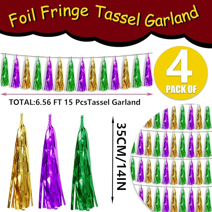 4P Gold Green Purple Foil Fringe Tassel Banner Garland Metallic Tinsel - Image 2