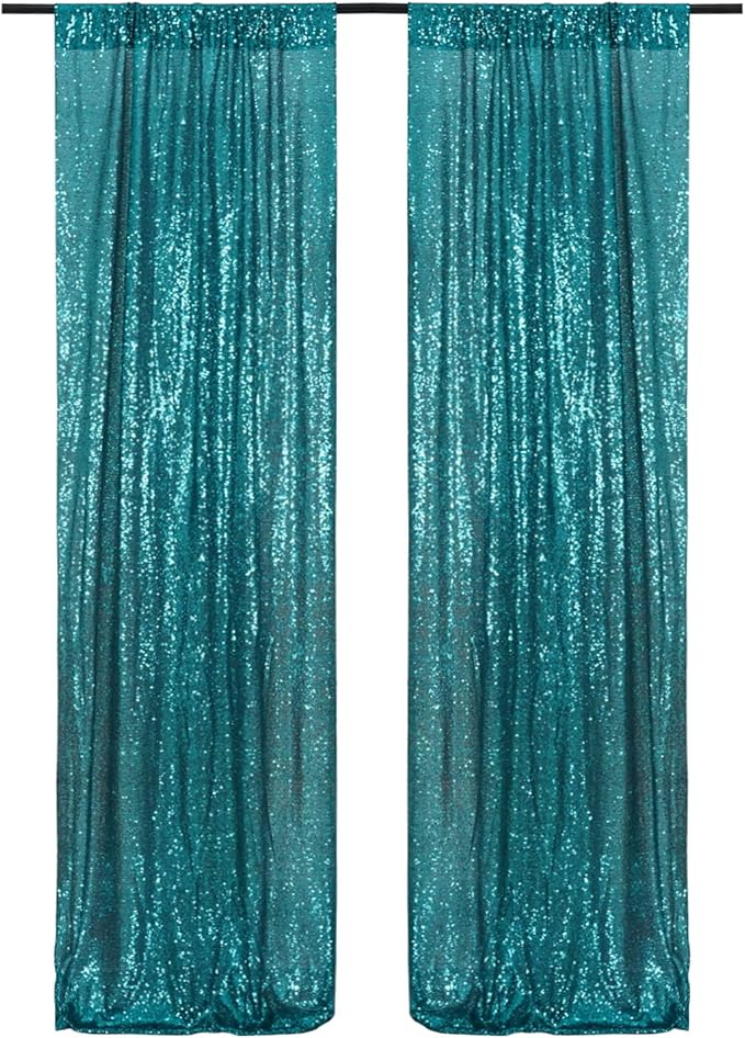 Poise3EHome 2Pcs 2Ft x 8Ft Teal Sequin Backdrop Curtains, Glitter Photography - Image 2