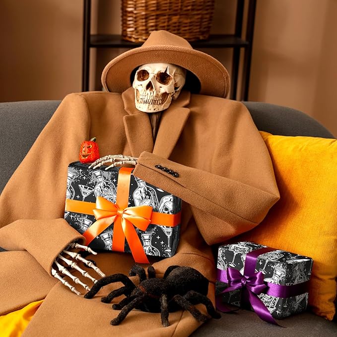 LeZakaa Halloween Wrapping Paper Roll, Gothic Skull-in-Bottle and Eye Cocktail - Image 3