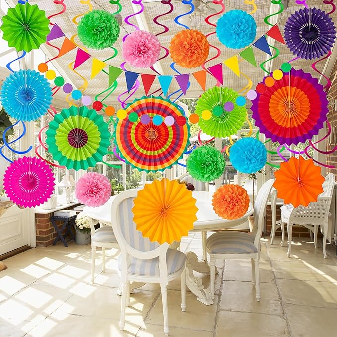 32Pcs Cinco De Mayo Decorations Fiesta Party Decorations Multi-Color Paper Fans - Image 2