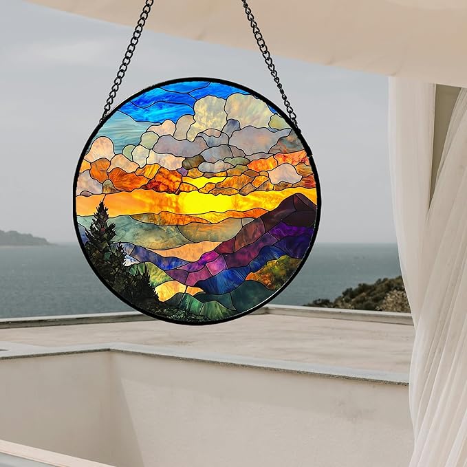 Stained Glass Window Hanging, Abstract Clouds Mountains Landscape Suncatcher - Image 6