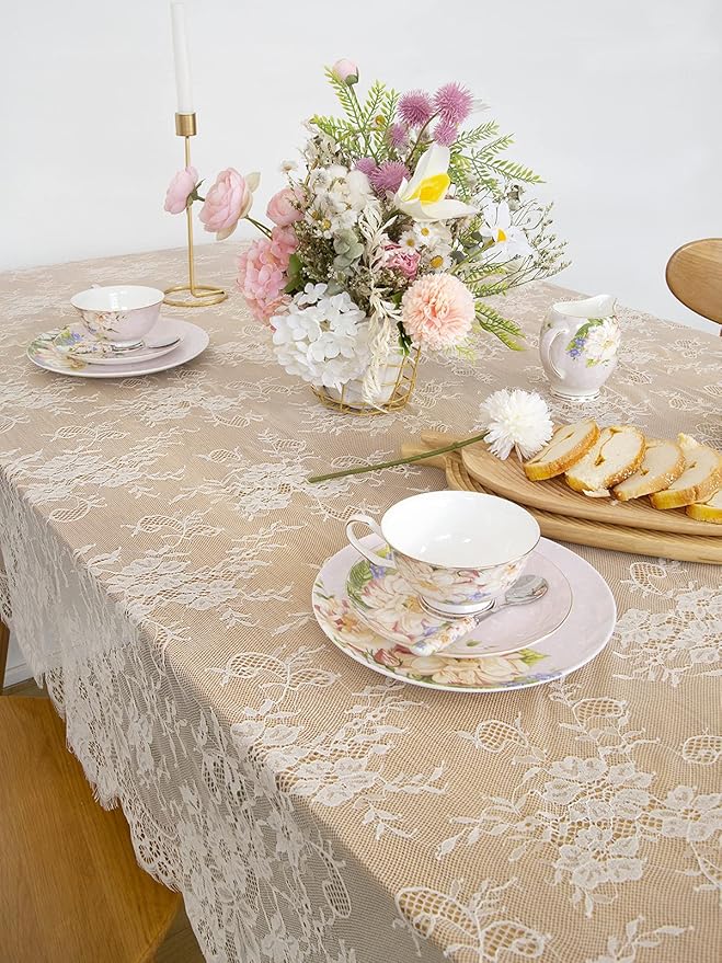 LuoluoHouse Set of 2 Ivory Lace Tablecloths Rectangle Chic Wedding Embroidered - Image 5