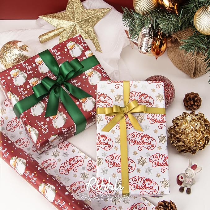 Ribbli Christmas Wrapping Paper Reversible Vintage Santa and Merry Christmas - Image 4