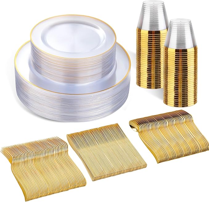 SUT 150 PCS Gold Plastic Plates, Disposable Clear Gold Dinnerware Set by SeeYouTomorrow