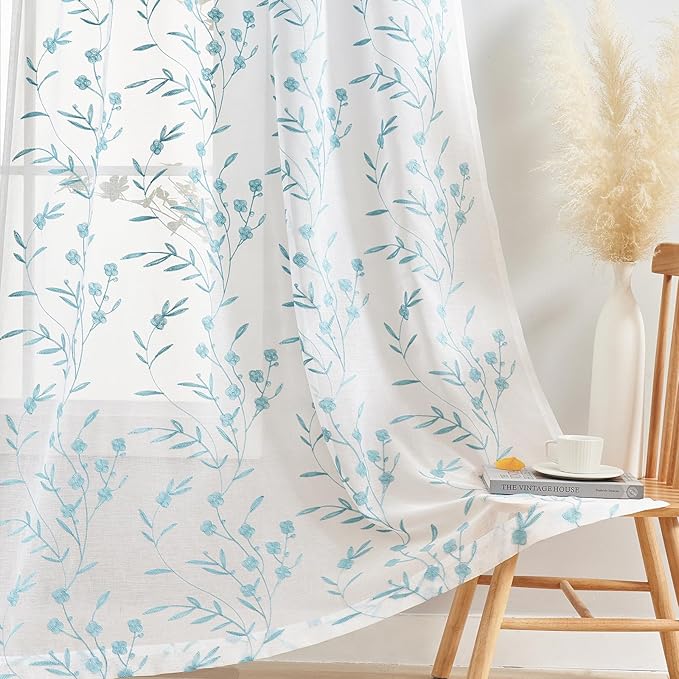 White Embroidery Sheer Curtains White-Blue 95 Inches, Floral Window Treatments by MYSTIC-HOME