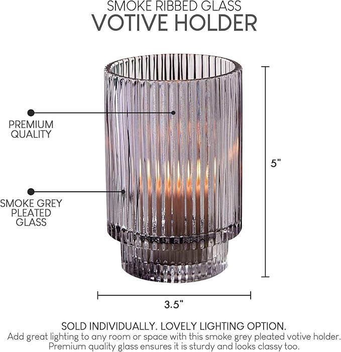 Serene Spaces Living Smoke Ribbed Glass Votive Holder, Measures 5" Tall and - Image 6