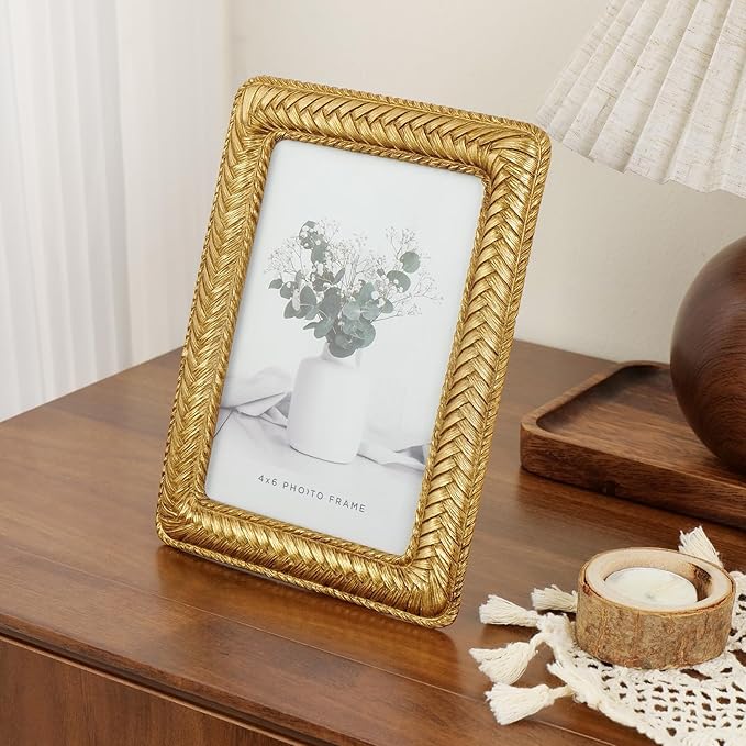 Cuspin 4x6 Gold Picture Frame, Ornate Decorative Rattan Resin Photo Frame - Image 2
