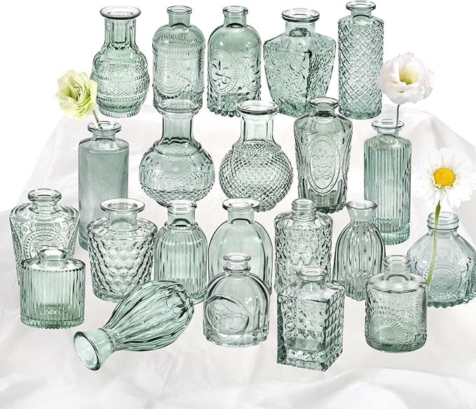 Green Glass Bud Vase Set of 22, Small Vases by KAMJUNTAR