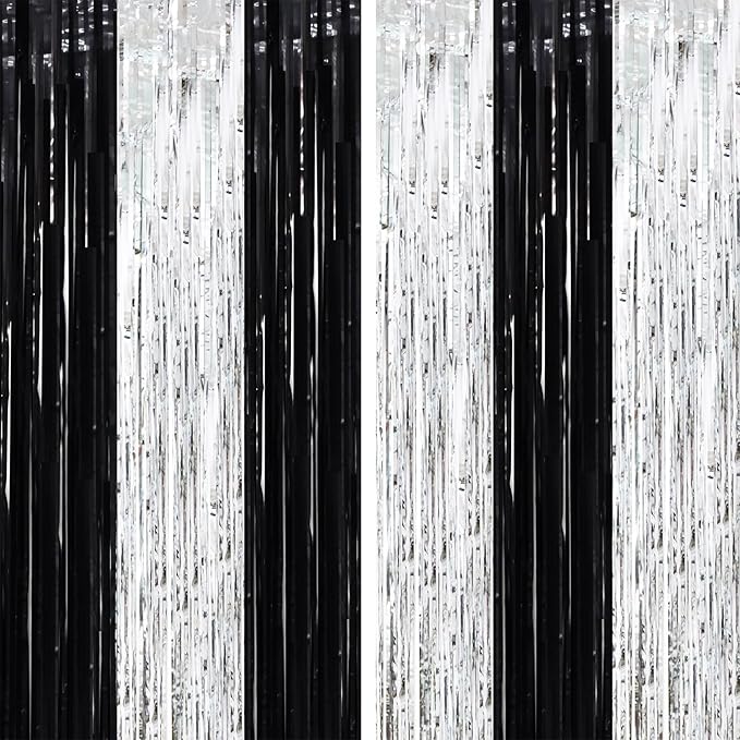 2 Pack Black and Silver Tinsel Foil Fringe Curtains, Metallic Tinsel Party by Voircoloria