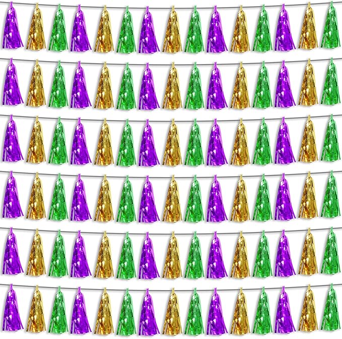 6P Purple Green Gold Foil Fringe Metallic Tassel Streamers Banner Tassel Garland by HYSILLA