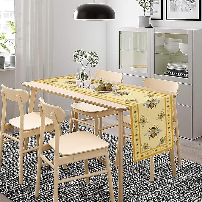Honey Bee Table Runner, Farmhouse Yellow Sunflower Retro Summer Linen Tables - Image 2