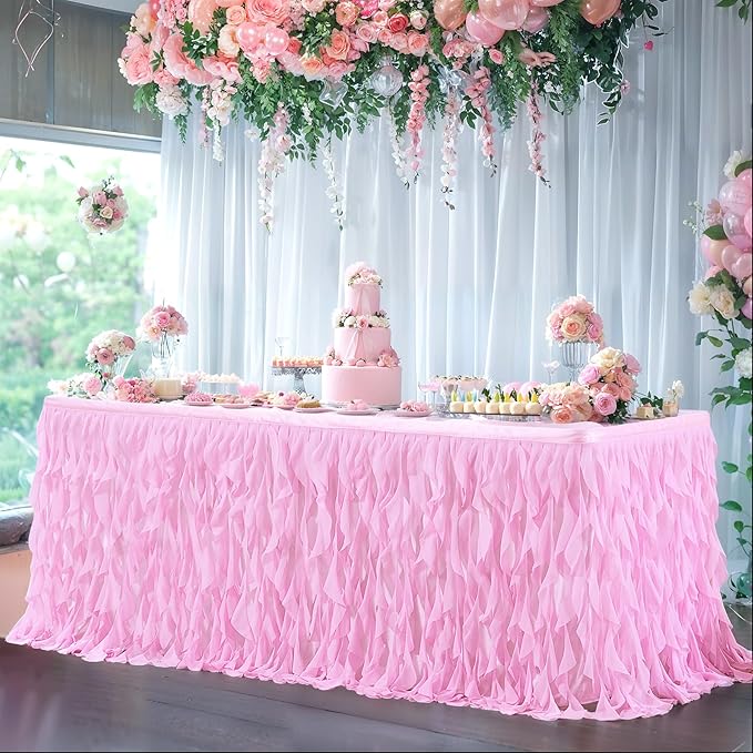 PARTISKY Pink Tulle Curly Willow Table Skirt - Image 2