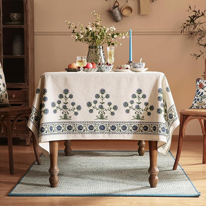patdrea Designer Linen Vintage Blue Long Rectangle Tablecloth, Leaves Pattern - Image 3