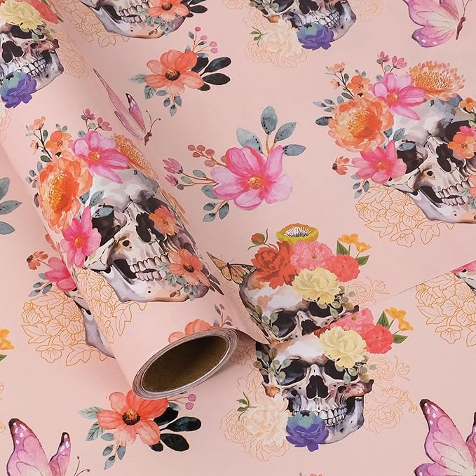 Aimyoo Gothic Wrapping Paper Roll, 17 Inch X 16.5 Feet Skull Floral Butterfly by Aimyoo
