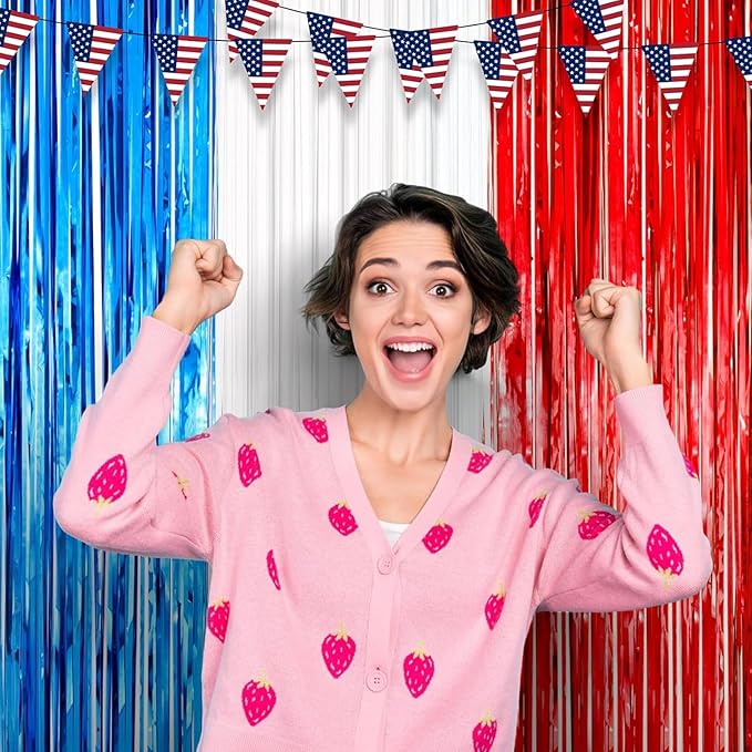 2 Pack Red White and Blue Foil Fringe Backdrop Curtains, Tinsel Streamers Party - Image 7