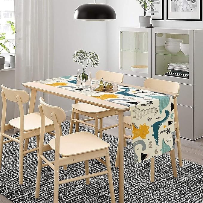 Cartoon Dinosaur Table Runner, Kids Boys Cute Various Dino Moutain Modern - Image 7
