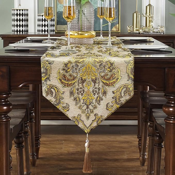 13x108 inch Exquisite Gold Floral Jacquard Table Runner Thick Beige Chenille - Image 7