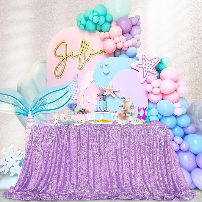 QueenDream Lilac Sequin Tablecloth 60"x102" Mermaid Tablecloth Lavender Glitter - Image 4