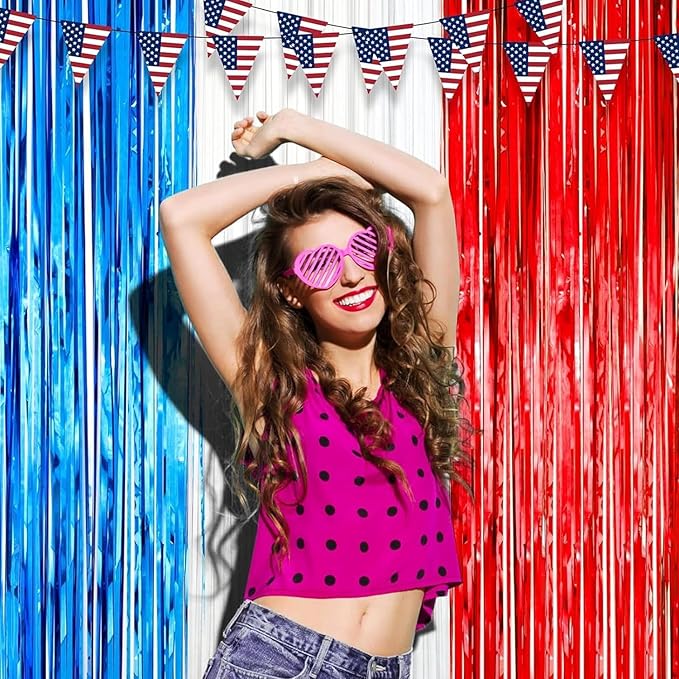 2 Pack Red White and Blue Tinsel Foil Fringe Curtains, 4th of July Decorations - Image 7