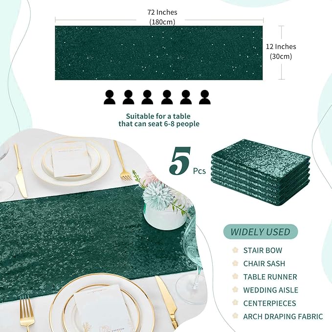 Sequin Table Runners 5 Pieces Emerald Green Table Runners 12x72 Inch Glitter - Image 2