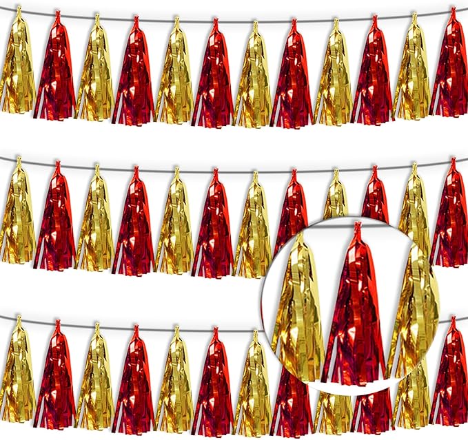 3P Red Gold Metallic Fringe Banner Garland Foil Tinsel Streamer Wall Hanging by Xuuf
