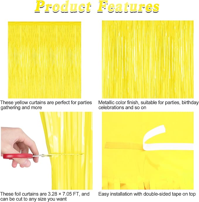 2 Pack Backdrop Curtains, 3.28 FT x 7.05 FT Yellow Color Tinsel Backdrop - Image 4