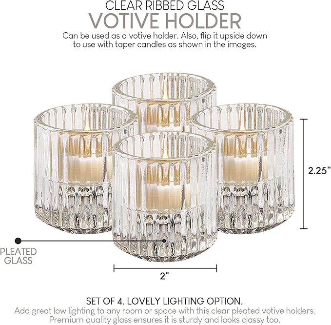 Serene Spaces Living Set of 4 Clear Ribbed Glass Votive Holders, Measures 2.25" - Image 7