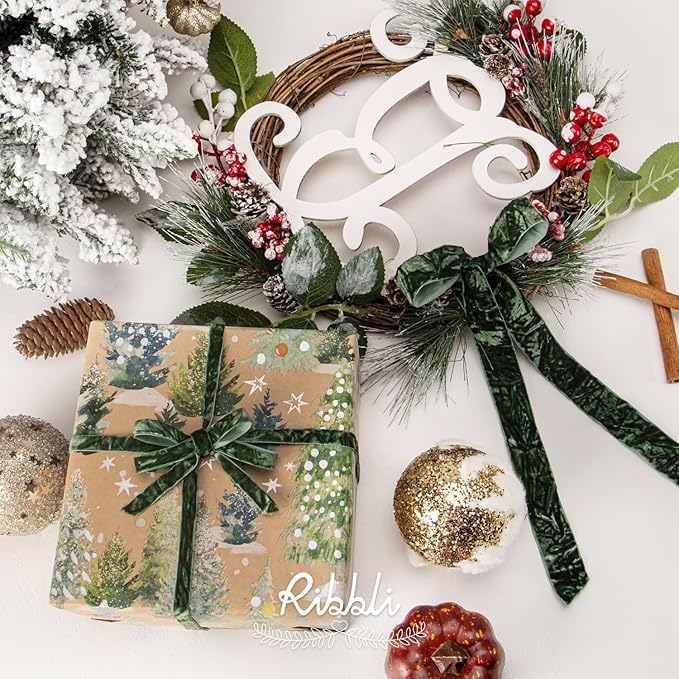 Ribbli Forest Green Velvet Ribbon 1 Inches Luxury Crinkled Green Christmas - Image 2