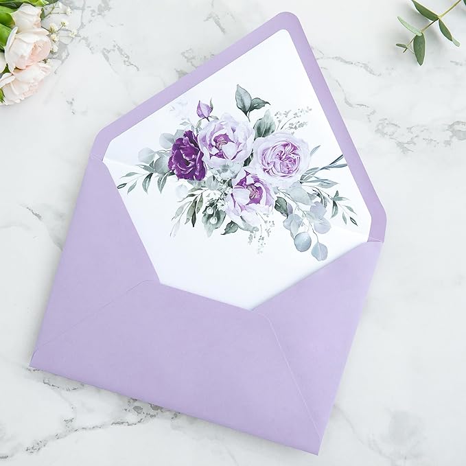 PONATIA 50PCS A7 Euro Flap Envelopes, 5.25 x 7.25'' Lilac Flowers Liner - Image 9