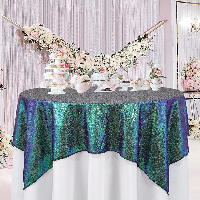 ShinyBeauty 36”x36” Iridescent Green Sequin Tablecloth - Image 2