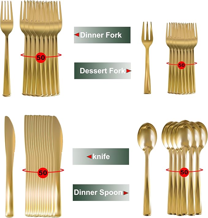 Neatiffy 200 Pcs Gold Plastic Silverware Disposable Cutlery Set, Includes 50 - Image 3