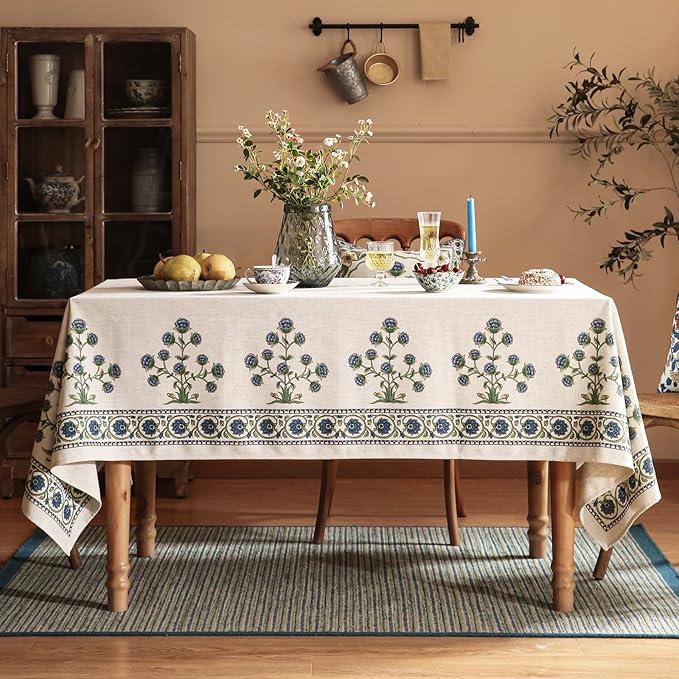 patdrea Designer Linen Vintage Blue Rectangle Tablecloth, Leaves Pattern - Image 8