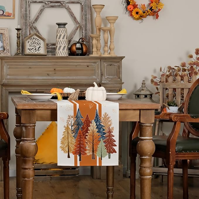 GEEORY Fall Watercolor Trees & Maple Leaves Striped Table Runner 13x120 Inch - Image 3