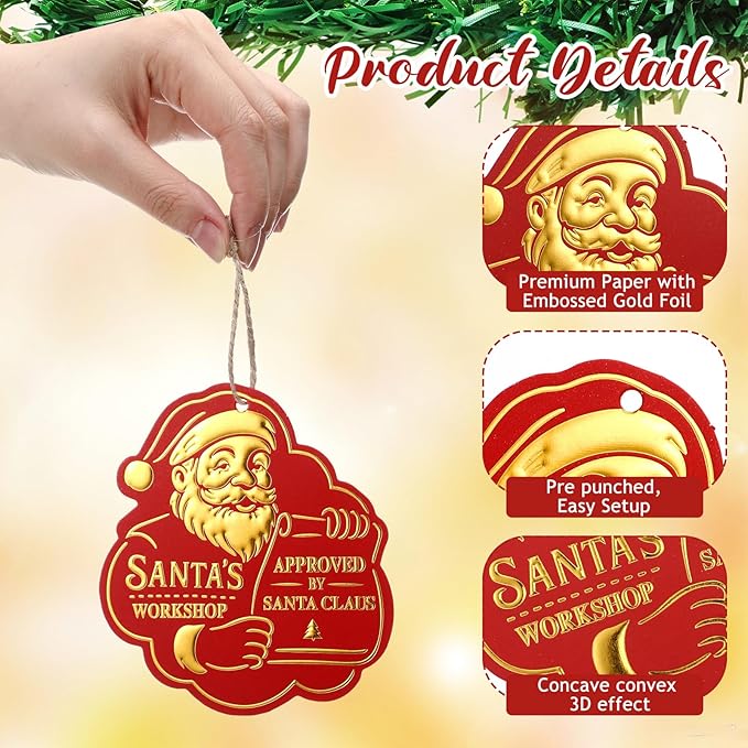 36 Pcs Christmas Gift Tag with String 3D Santa Gift Tag Gold Foil Present from - Image 3