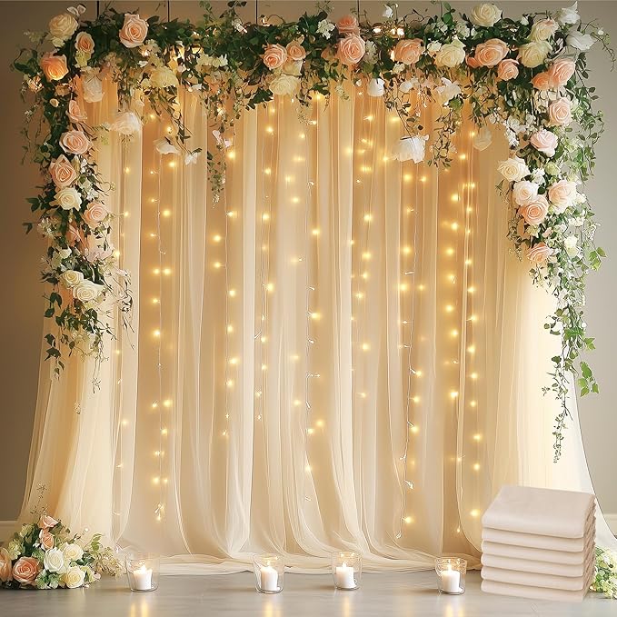 Fomcet Tulle Backdrop Curtains Champagne 30FT X 8FT Tulle Curtains by Fomcet