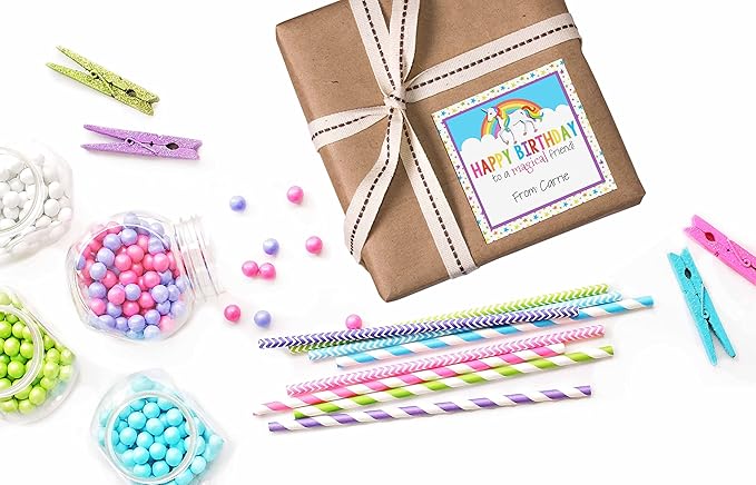 Custom & Personalized Rainbow Unicorn Happy Birthday Gift Tag Sticker Labels - Image 5