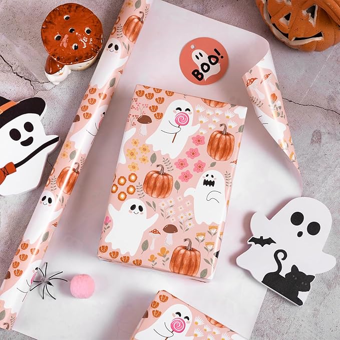 LeZakaa Pink Halloween Wrapping Paper Roll, Cute Ghosts Pumpkins Fall Florals - Image 6