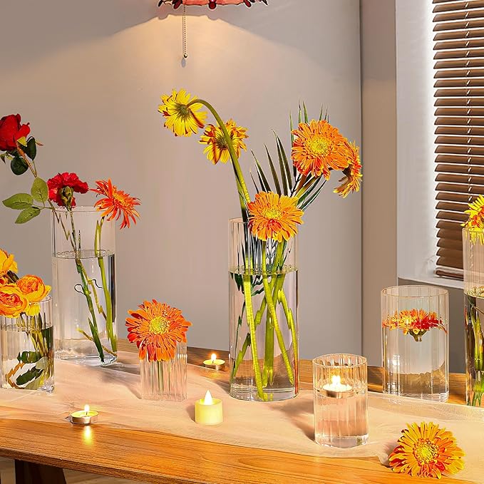 3 Pack Ribbed Glass Cylinder Vases 4, 10 Inch Tall Clear Flower Vase Hurricane - Image 6