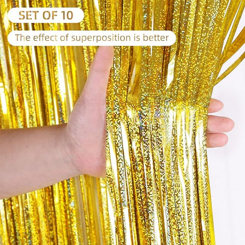 10 Pack Gold Backdrop Curtain 3.2ft x 8.2ft Metallic Tinsel Foil Fringe - Image 2