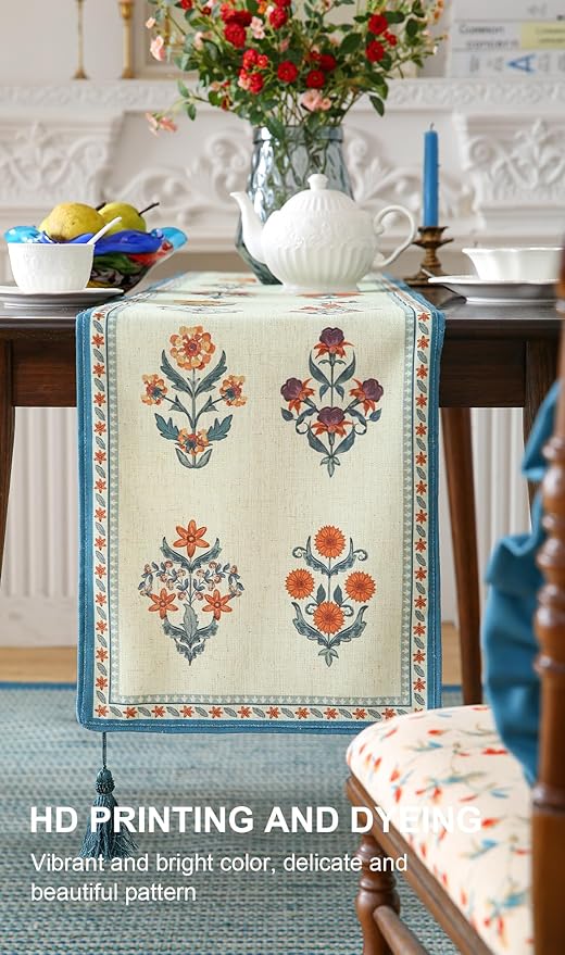 ISAENNE Designer Light Green Linen Table Runner 102 Inches Long, French Floral - Image 4