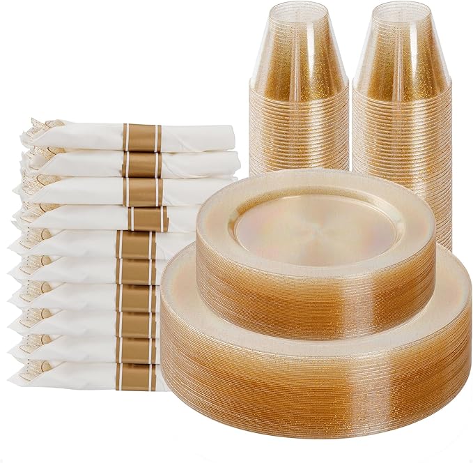 Goodluck 175 Piece Gold Glitter Plastic Dinnerware Set by GoodLuck