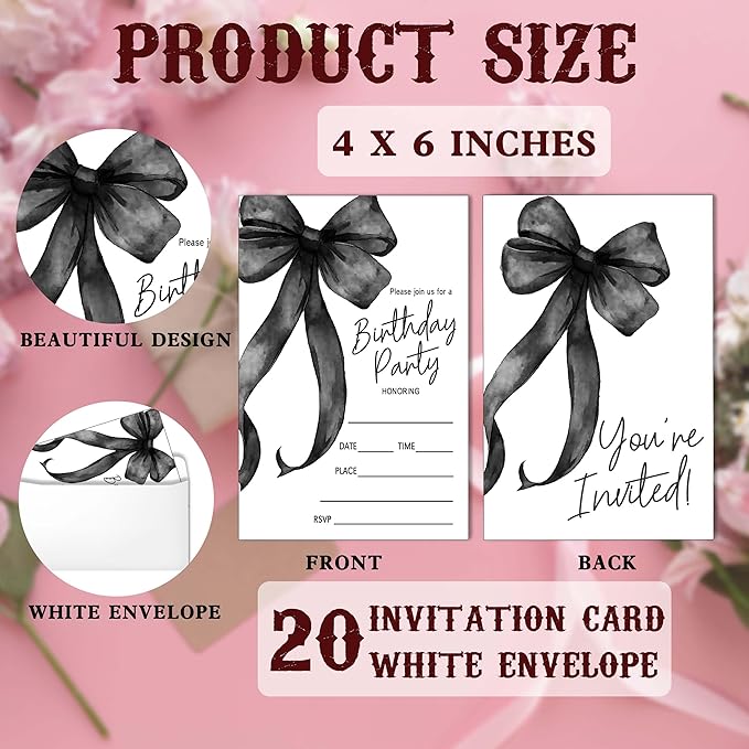 SIXEIGHT Black Bow Birthday Invitations, 20 Party Invitations - Image 2