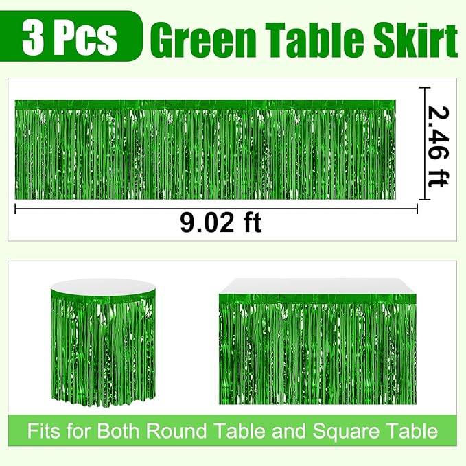 3 Pack 29 x108 Inch Green Foil Fringe Table Skirts Metallic Banner - Image 2