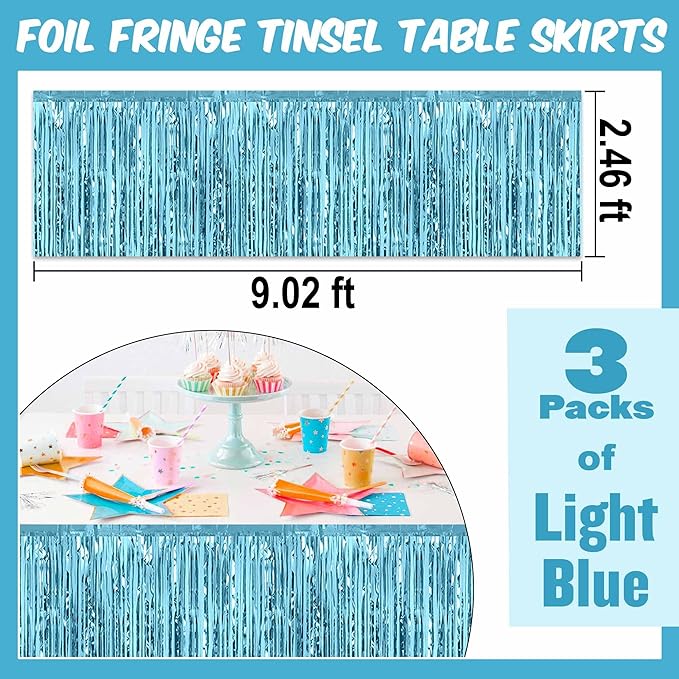 3 Pack 29 x108 Inch Light Blue Foil Fringe Table Skirts Metallic Banner - Image 3
