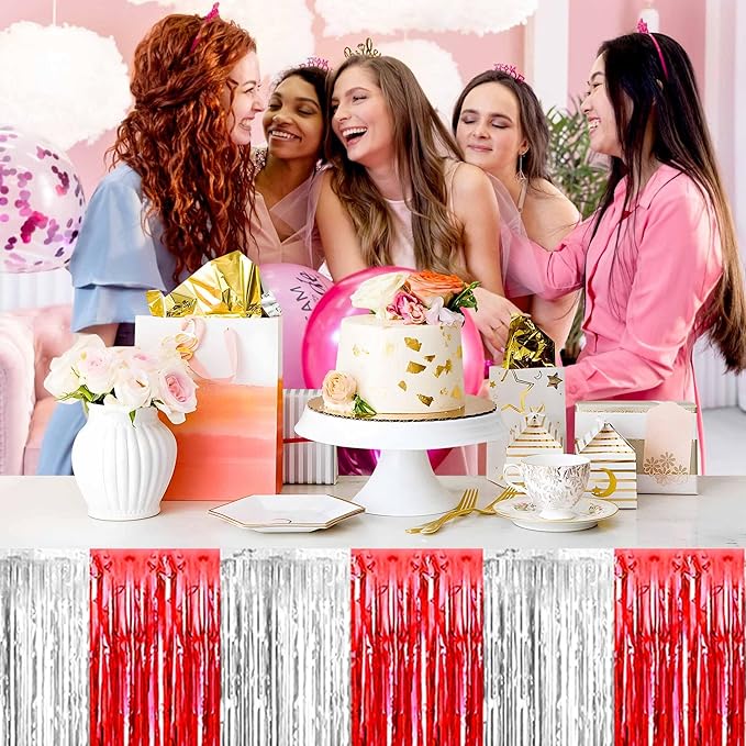 3 Pack 29 x108 Inch Red and Silver Foil Fringe Table Skirts Metallic Banner - Image 7