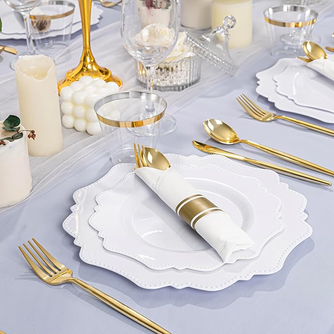 COLOSUS 350pcs White Plastic Plates Disposable Gold Cutlery Dinnerware set - Image 8