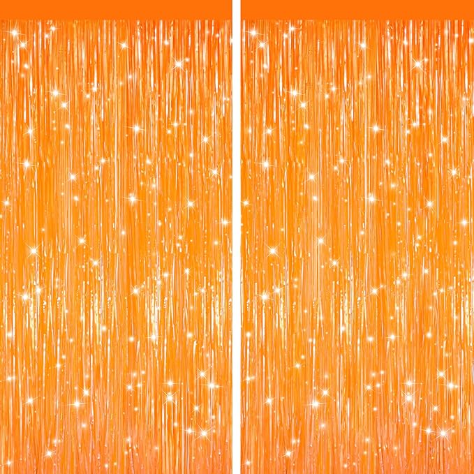 GCB 2Pack Orange Fringe Curtain Party Streamers, Foil Fringe Backdrop Curtains by GCBPartyDecorations