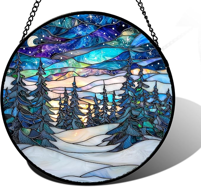 Stained Glass Window Hanging, Starry Sky Trees and Snow Sun Catchers Glass by DASTOLL