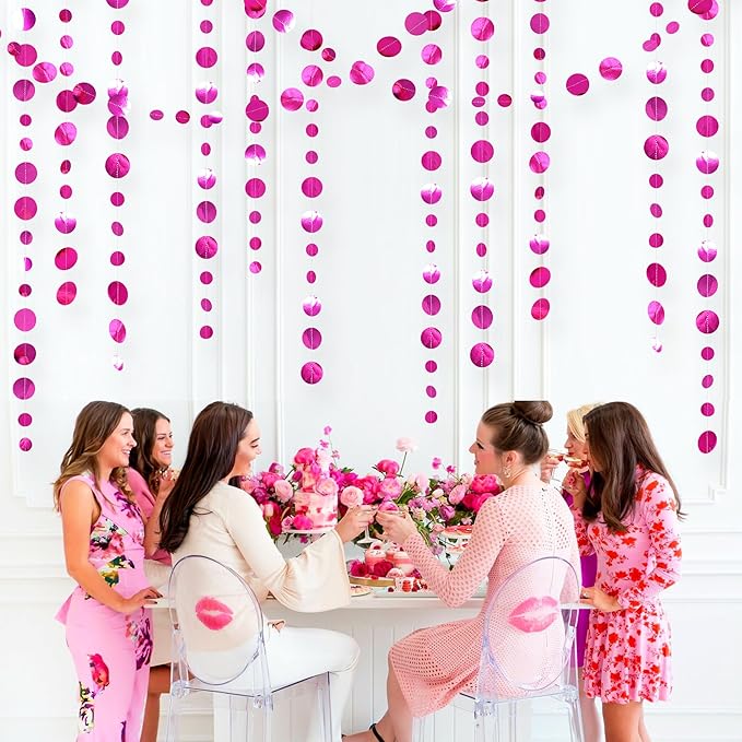 Hot Pink Party Decorations Circle Dots Garland Metallic Rose Pink Hanging Paper - Image 6